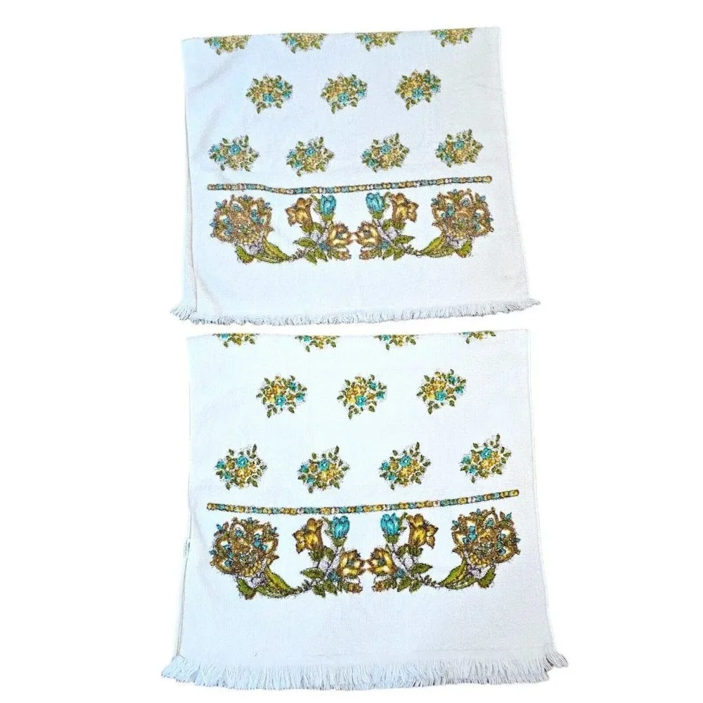 VTG Boho Yellow Blue White Floral Bath Towel Set 22 X 39